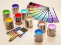 Paint cans, color guides and paintbrush. 3D illustration Royalty Free Stock Photo