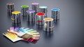 Paint cans, color guides and paintbrush. 3D illustration Royalty Free Stock Photo