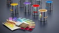 Paint cans, color guides and paintbrush. 3D illustration Royalty Free Stock Photo