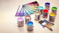 Paint cans, color guides and paintbrush. 3D illustration