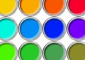 Paint cans color palette, cans opened top view isolated on white Royalty Free Stock Photo