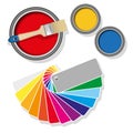 Paint cans with coloured swatches Royalty Free Stock Photo