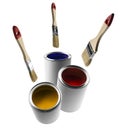 Paint cans and levitating brushes on a white background Royalty Free Stock Photo