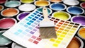 Paint cans, roller and color guide. 3D illustration Royalty Free Stock Photo