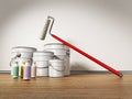 Paint cans, roller and color tubes standing on hardwood floor. 3D illustration Royalty Free Stock Photo