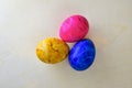 Paint colored easter eggs on wood structure background. View from above