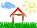 Paint drawing of house and sun - made by child