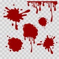 Paint drop abstract illustration. Red blood on checkered transparent background. Flat style. Vector set. Royalty Free Stock Photo