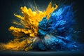 Paint explosion in ukrainian blue and yellow colors on a dark background. Generative AI Royalty Free Stock Photo