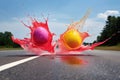 paint-filled water balloons colliding mid-air