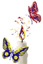 Paint flame on the candle and red yellow blue butterfly flying a Royalty Free Stock Photo