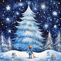 Paint illustration of Christmas trees, spruce trees at night and a little boy looking up at the sky. Xmas tree as a symbol of Royalty Free Stock Photo