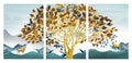 Paint illustration landscape artwork. canvas art wall poster. golden tree, elk and mountains on winter view