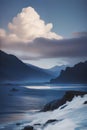 Paint of a landscape using indigo tones and watercolor, blue ocean with the waves, mountain and clouds