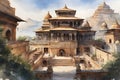 paint like illustration of Asian ancient town lakeside landscape