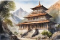 paint like illustration of Asian ancient town lakeside landscape