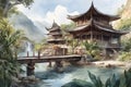 paint like illustration of Asian ancient town lakeside landscape