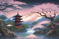 paint like illustration of Asian ancient town lakeside landscape