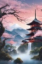 paint like illustration of Asian ancient town lakeside landscape