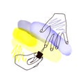 Paint nails, manicure, doodle style drawing on a watercolor background in blue and yellow