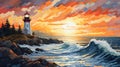 Paint By Number Lighthouse At Sunset By Dennis Tan