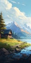 Serene Countryside Cabin: A Digital Painting Of Tranquil Mountain Landscape