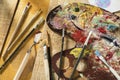 paint palette with brushes spatula. High quality photo Royalty Free Stock Photo