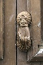 Paint peeling door knocker on worn door of dilapidated house Royalty Free Stock Photo