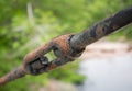 Bridge steel turn buckle is aging and rusting due to old age Royalty Free Stock Photo