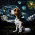 paint portrait of a beagle dog sitting in a meadow with behind a starry night sky Van Gogh style
