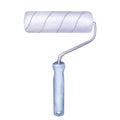 Paint roller, blue handle, repair tool. Decorating and designing interior, repainting walls color. Hand drawn watercolor