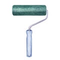 Paint roller, blue handle, repair tool, green color. Decorating and designing interior, repainting walls. Hand drawn Royalty Free Stock Photo