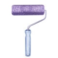 Paint roller, blue handle, repair tool, violet color. Decorating and designing interior, repainting walls. Hand drawn Royalty Free Stock Photo