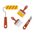 Paint roller, brush, spatula and craft knife on a white background. Paint roller, brushes and spatula icons.