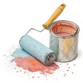 Paint roller and paint can construction watercolor illustration Royalty Free Stock Photo