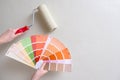 Paint roller and color samples on paper Royalty Free Stock Photo
