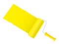 Paint roller color in yellow white background template. Banner round paint brush draws wide strip repainting wall in