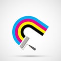 Paint roller draws a rainbow in CMYK ink