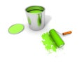 Paint roller, green paint can and splashing Royalty Free Stock Photo