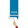Paint roller in hand painting blue color on empty wall with word HOME and copy space for your text or company name. house painting