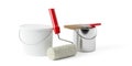 Paint roller leaning against white paint bucket and metal paint bucket with brush over white background, home improvement, Royalty Free Stock Photo