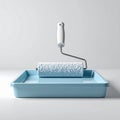 Paint Roller on Light Blue Tray with Bright Lighting on White Background Royalty Free Stock Photo