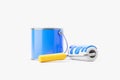 Paint roller and metal blue paint bucket on white background