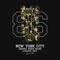 New York City, Brooklyn t-shirt design with camouflage texture. Athletic apparel design with camo in military army style. Vector Royalty Free Stock Photo