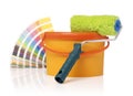 Paint roller, paint bucket and color swatch Royalty Free Stock Photo