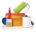 Paint roller, paint bucket and paint cans Royalty Free Stock Photo