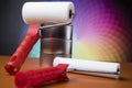 Paint roller, cans with color Royalty Free Stock Photo