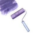 Paint roller violet color stain, repair tool. Decorating and designing interior, repainting walls. Hand drawn watercolor Royalty Free Stock Photo
