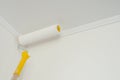 Paint roller with yellow handle. Ceiling and wall painting process. White background.