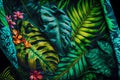 paint silk scarf pattern design, Super large scene,surrealist tropical forests, tropical plants, flowers